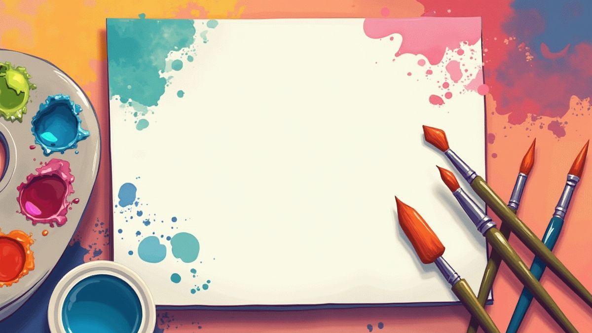 Paleta de pintor com cores vibrantes e pincéis junto a um lienzo.
