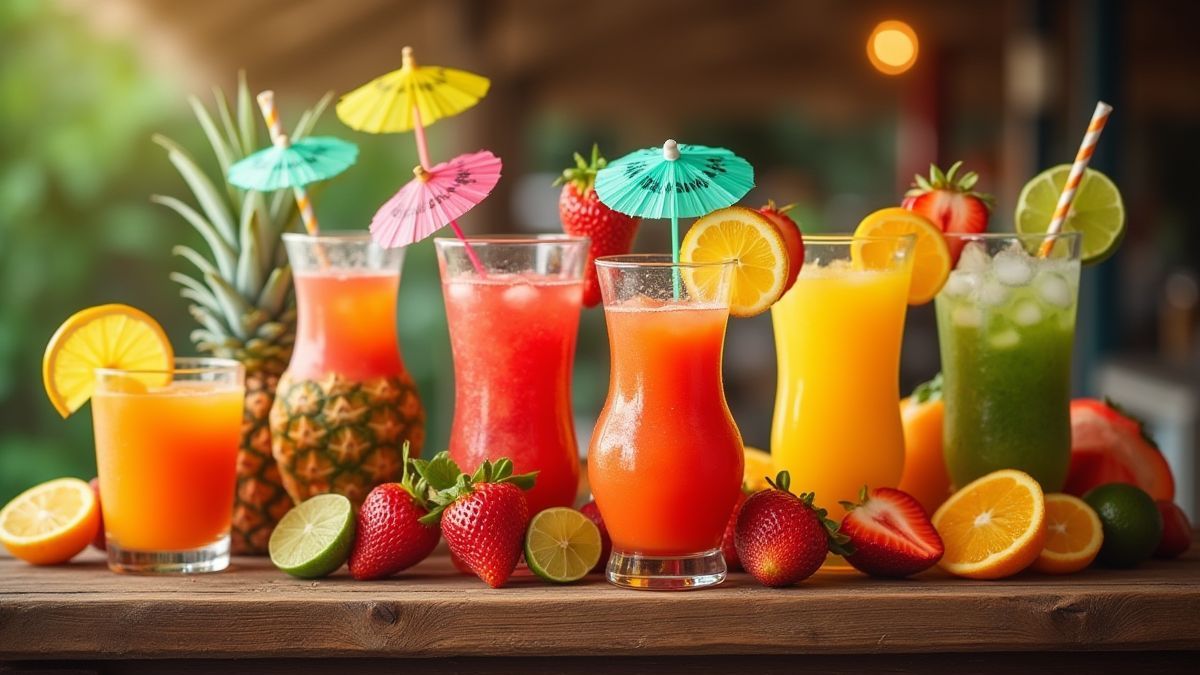 Cócteles tropicales coloridos con frutas y sombrillas en un bar de madera.