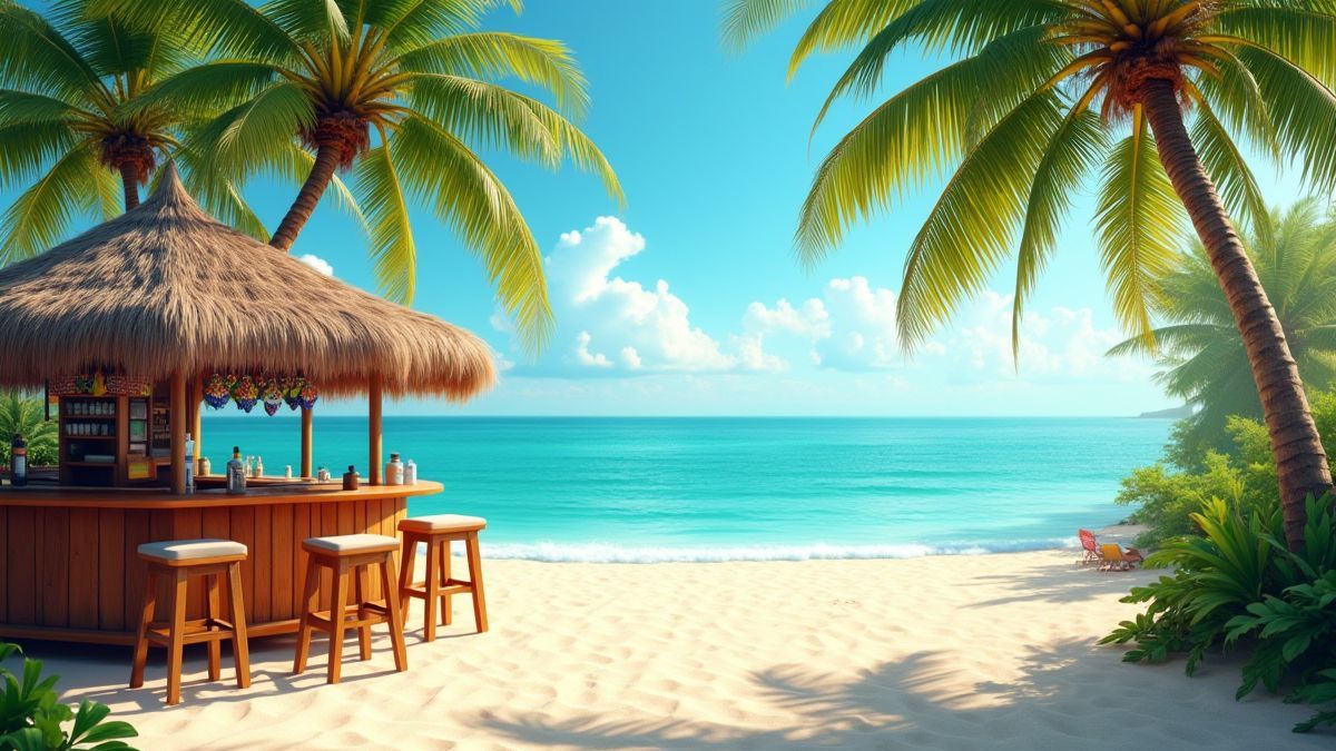 Una playa tropical soleada con un bar de madera y palmeras alrededor.