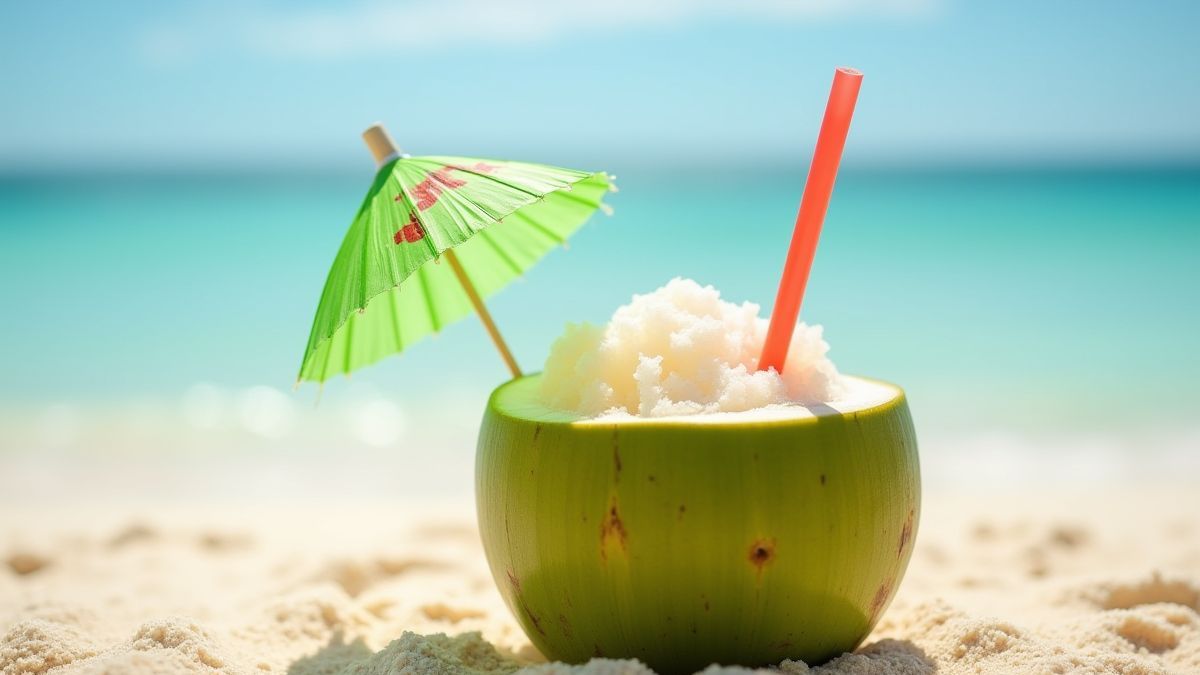 Un cóctel de coco con pajita y sombrilla en una playa de arena.