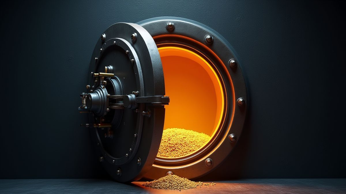 Vault door partially open with treasure shining inside.