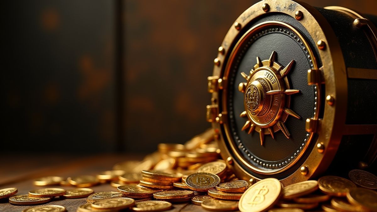 Caja fuerte rodeada de monedas de oro y tesoros.