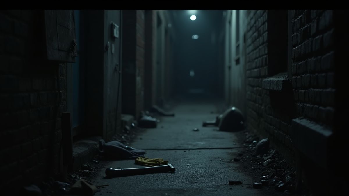 Callejón oscuro con herramientas como una palanca y guantes.