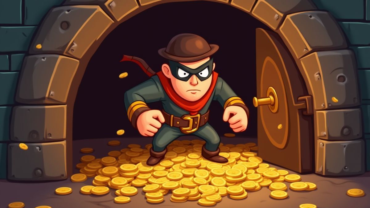 Cartoontekening van een dief die een kluis opent, omringd door gouden munten.