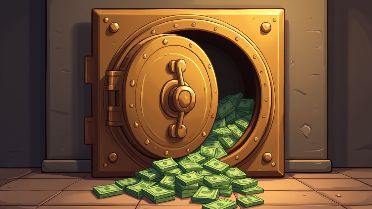 Afbeelding van een bronzen kluis in cartoonstijl die geld laat uitstromen.