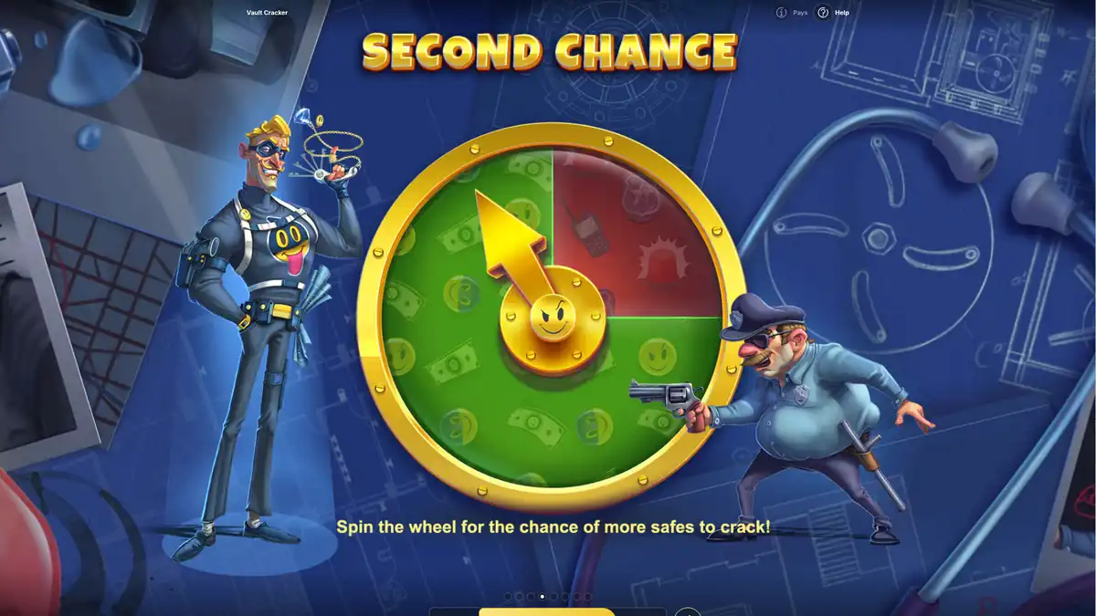 Ruleta de segunda oportunidad de Vault Cracker con secciones verdes y rojas y un agente de policía
