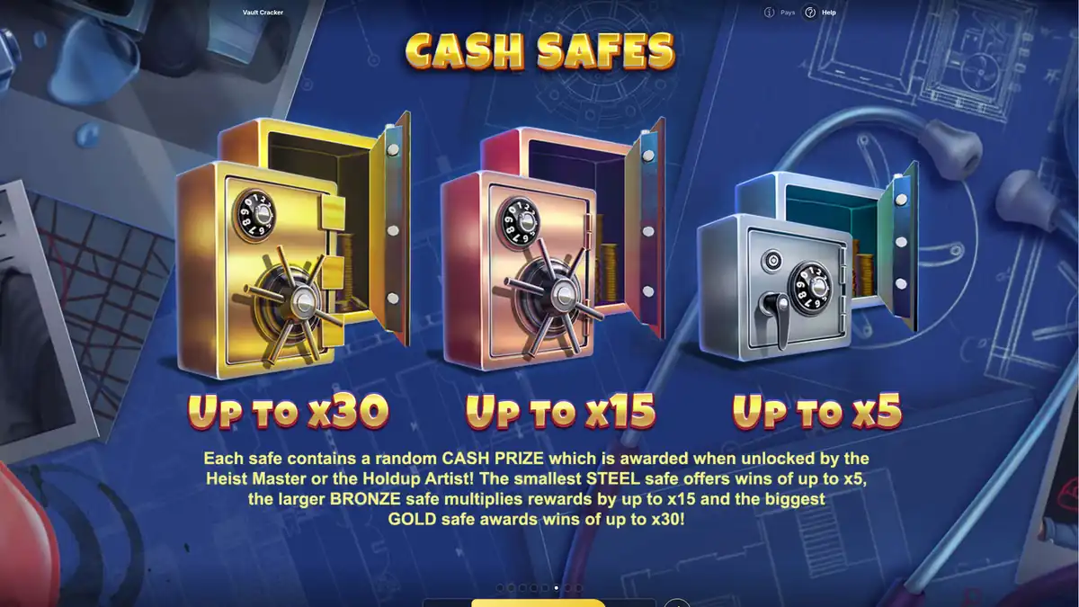 Pantalla de introducción de las cajas fuertes de efectivo de Vault Cracker con cajas fuertes de oro, bronce y acero