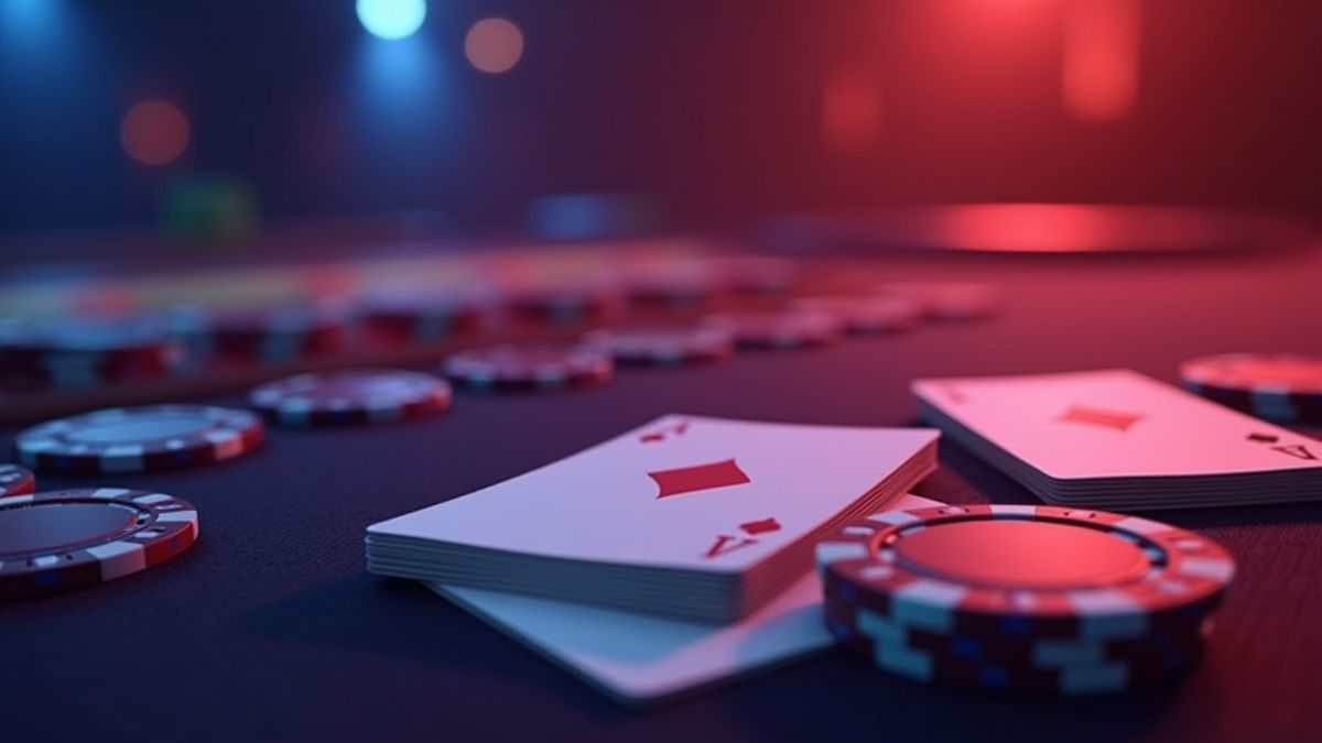Cartas de póker y fichas en una mesa de casino iluminada
