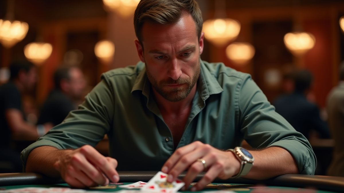 Spieler analysiert Karten an einem Casino-Tisch
