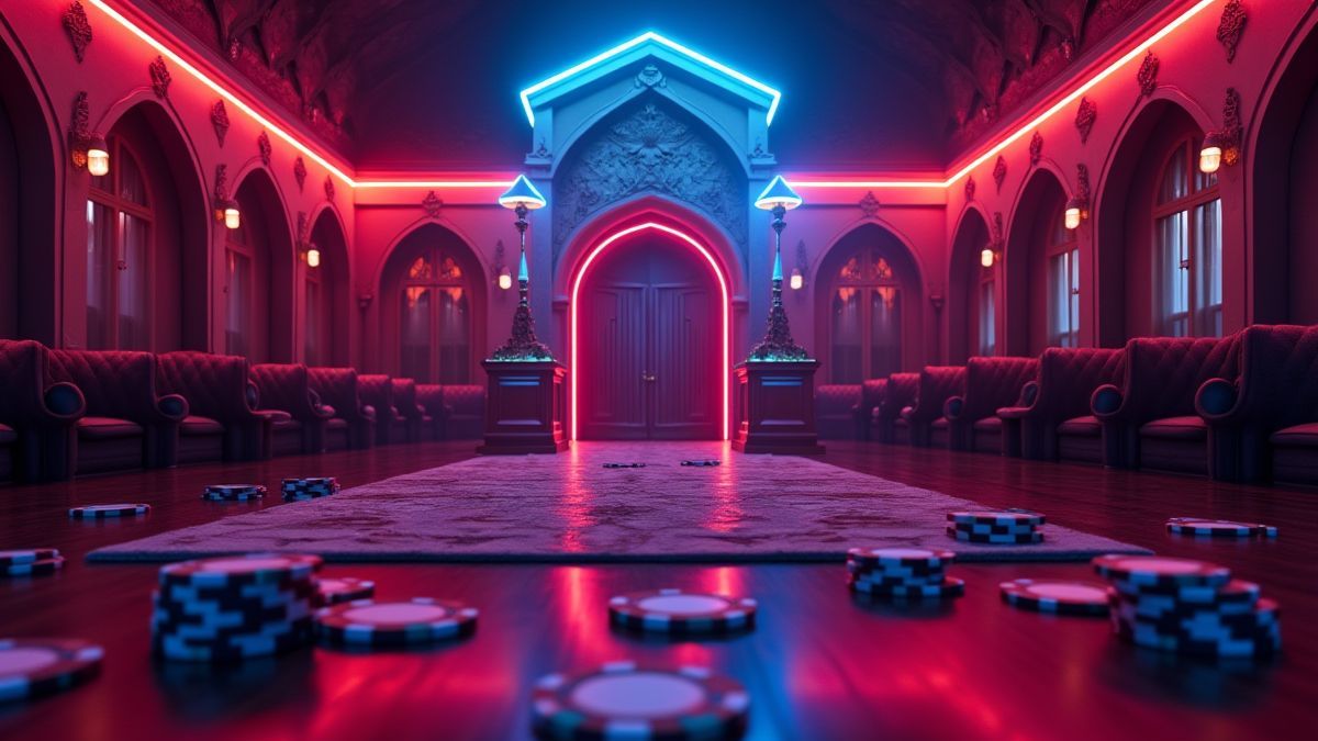 Een trouwkapel verlicht met neonlichten en casinofiches op de grond.