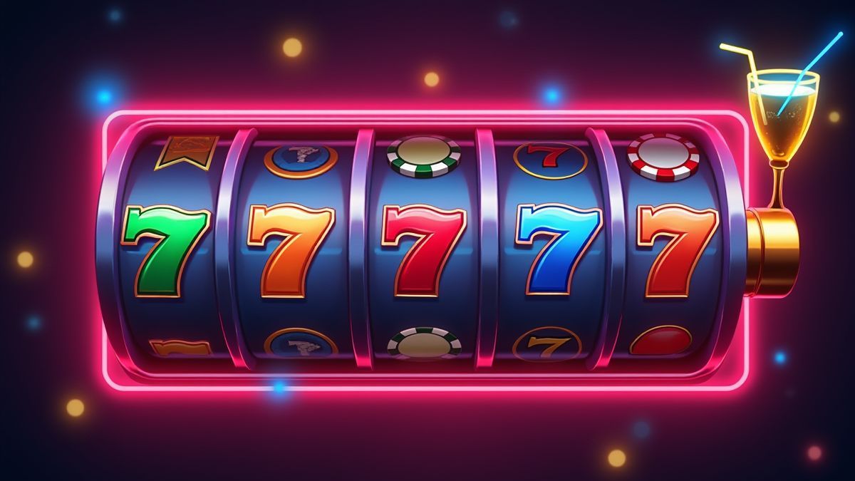 Draaiende slotrollen met symbolen zoals cocktails en casinofiches.