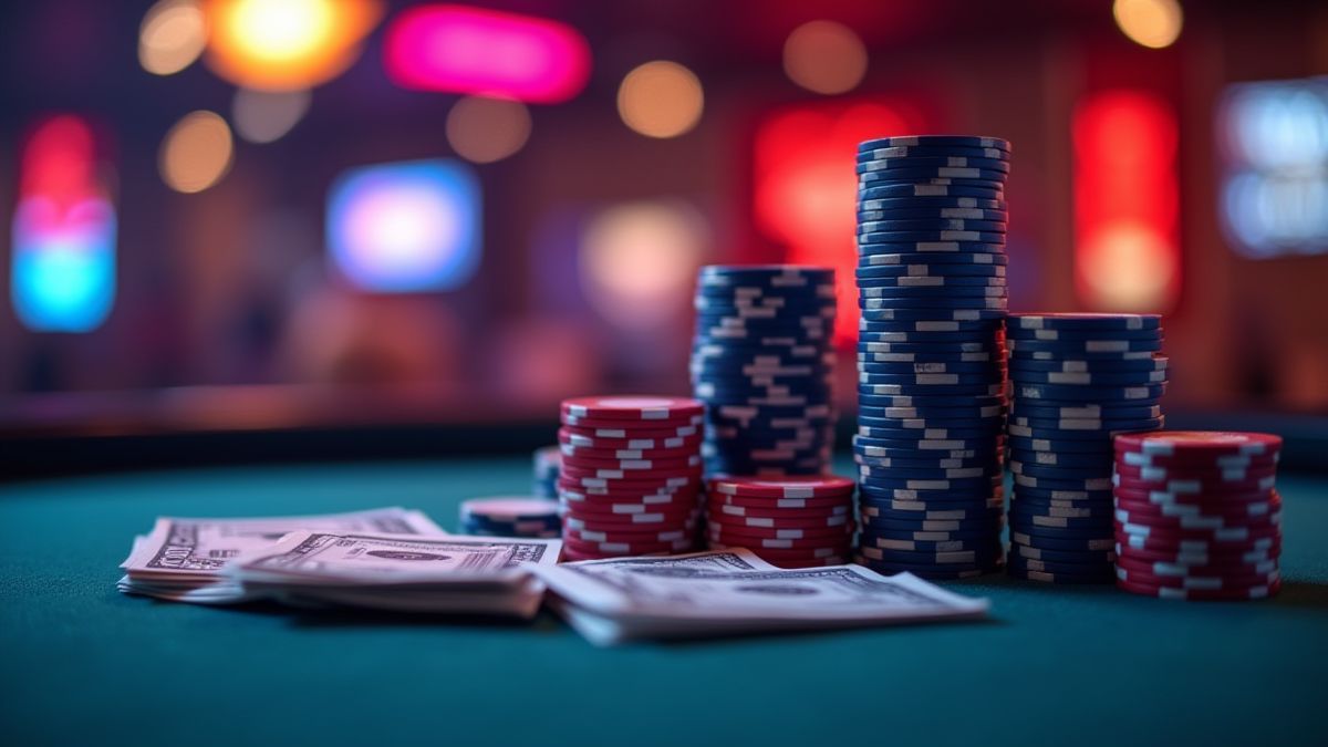 Casinofiches en contant geld gestapeld op een casinotafel verlicht door neonlichten.