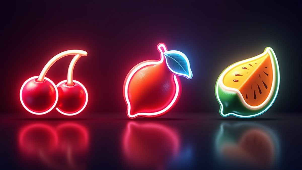Neon-lit fruit symbols.