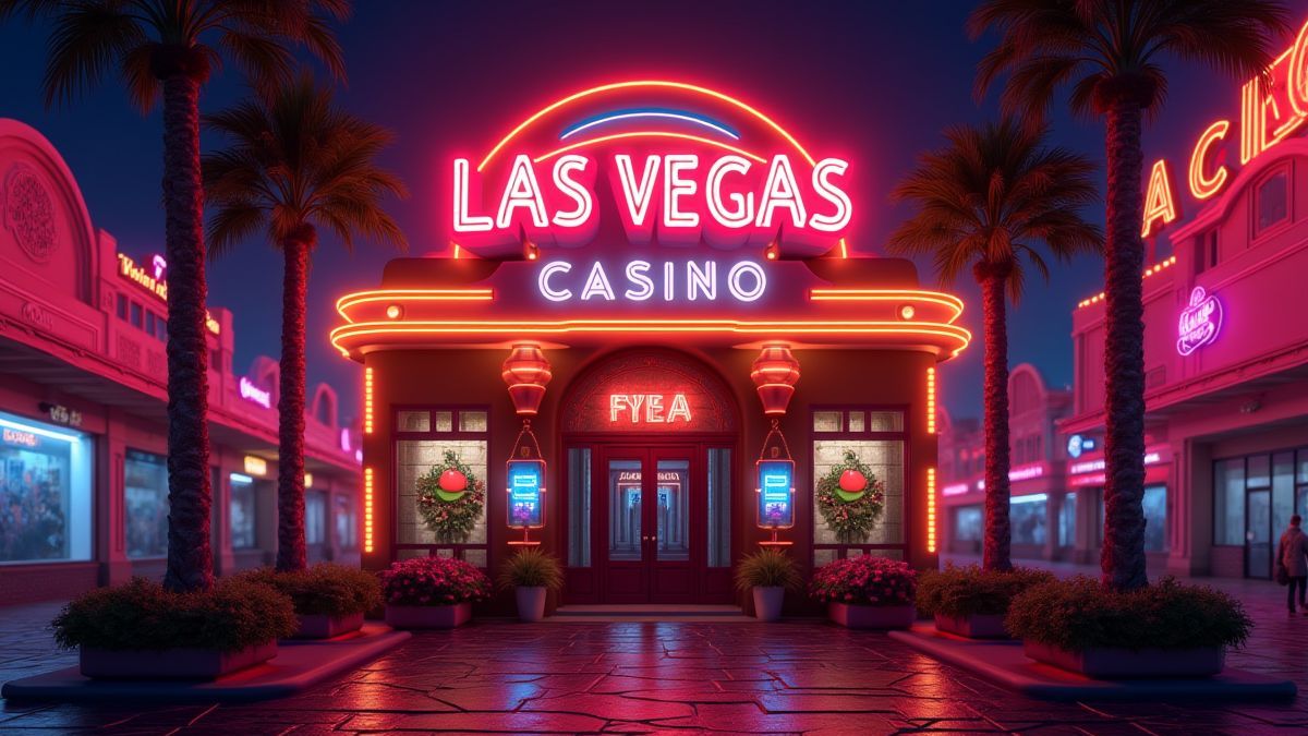 Las Vegas casino entrance with illuminated fruits and lively ambiance.