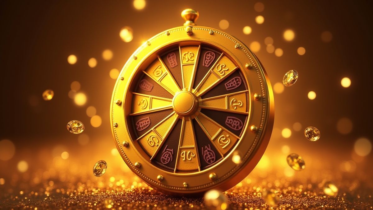 Gouden gelukswiel omringd door schitterende diamanten.