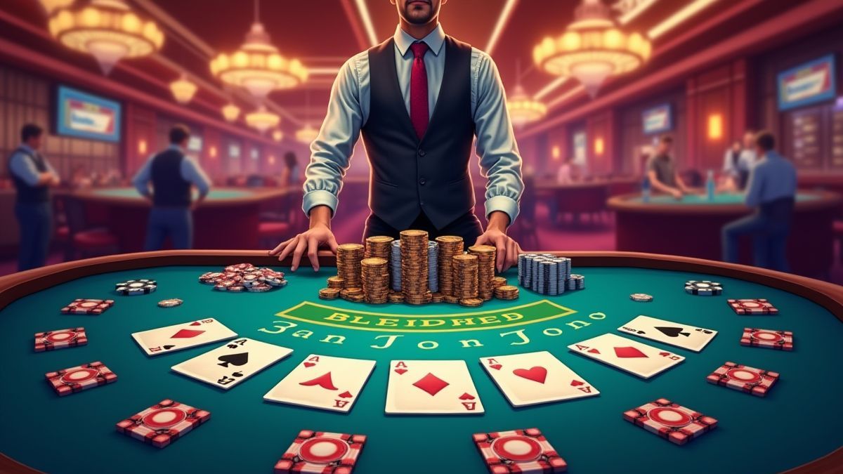Mesa de blackjack com cartas, fichas e um crupier em um cassino animado.