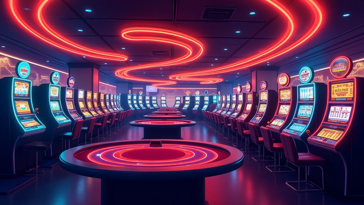 Ein Retro-Casino in Las Vegas mit Spielautomaten und Neonlichtern.