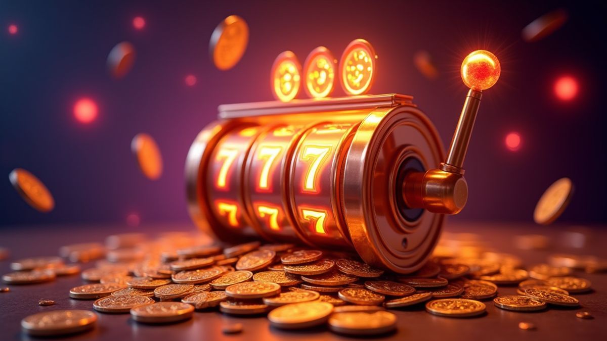 Eine leuchtende Spielautomaten mit goldenen Münzen und Neonlichtern.