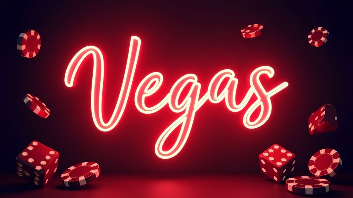 Neon sign reading 'Vegas Fortune' surrounded by chips and dice.