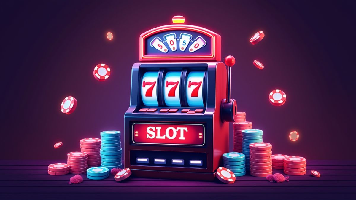 Classic slot machine surrounded by neon lights and casino chips.