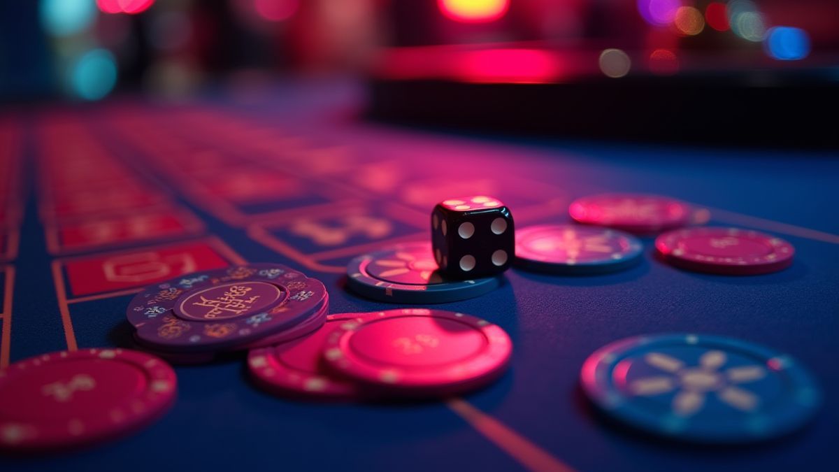 Roulette chips and dice on a casino table under neon lights.