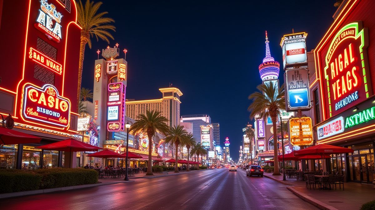 A street in Las Vegas with neon signs and luxury casinos.