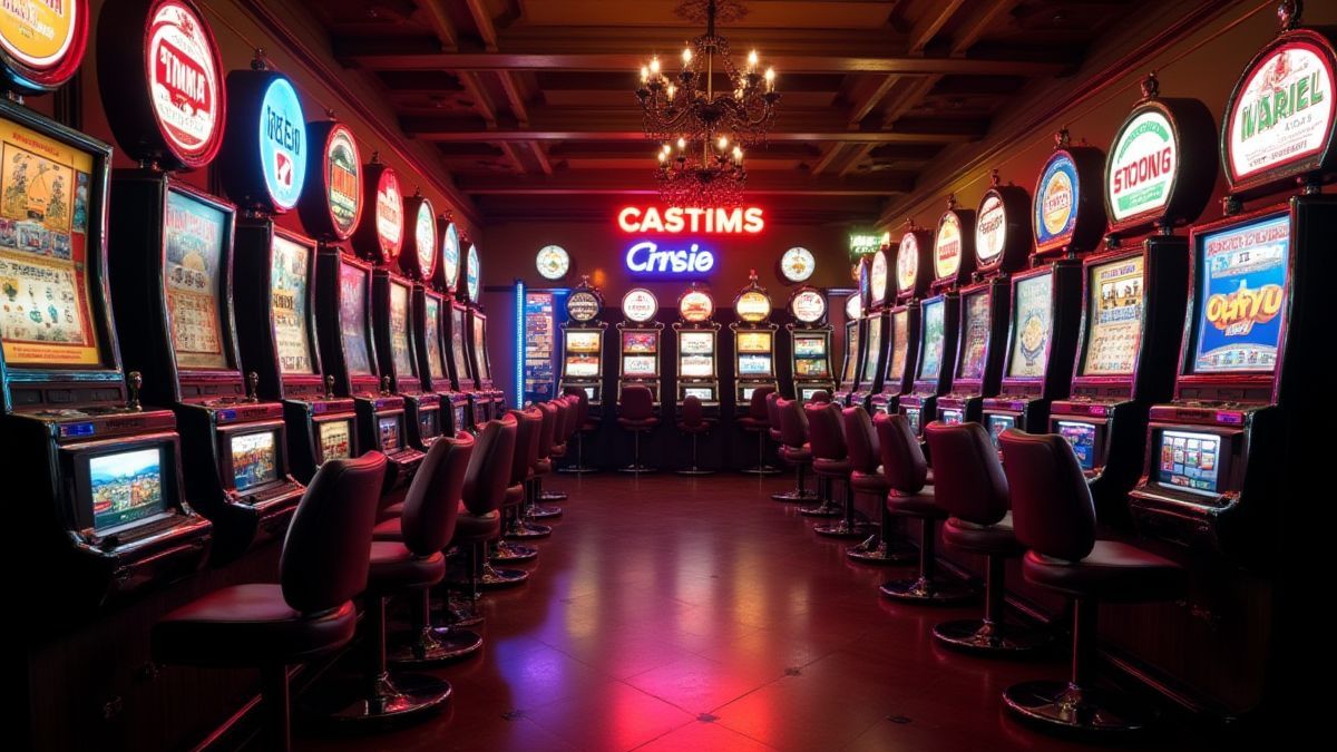 Ein retro Casino mit klassischen Spielautomaten und Neonlichtern.