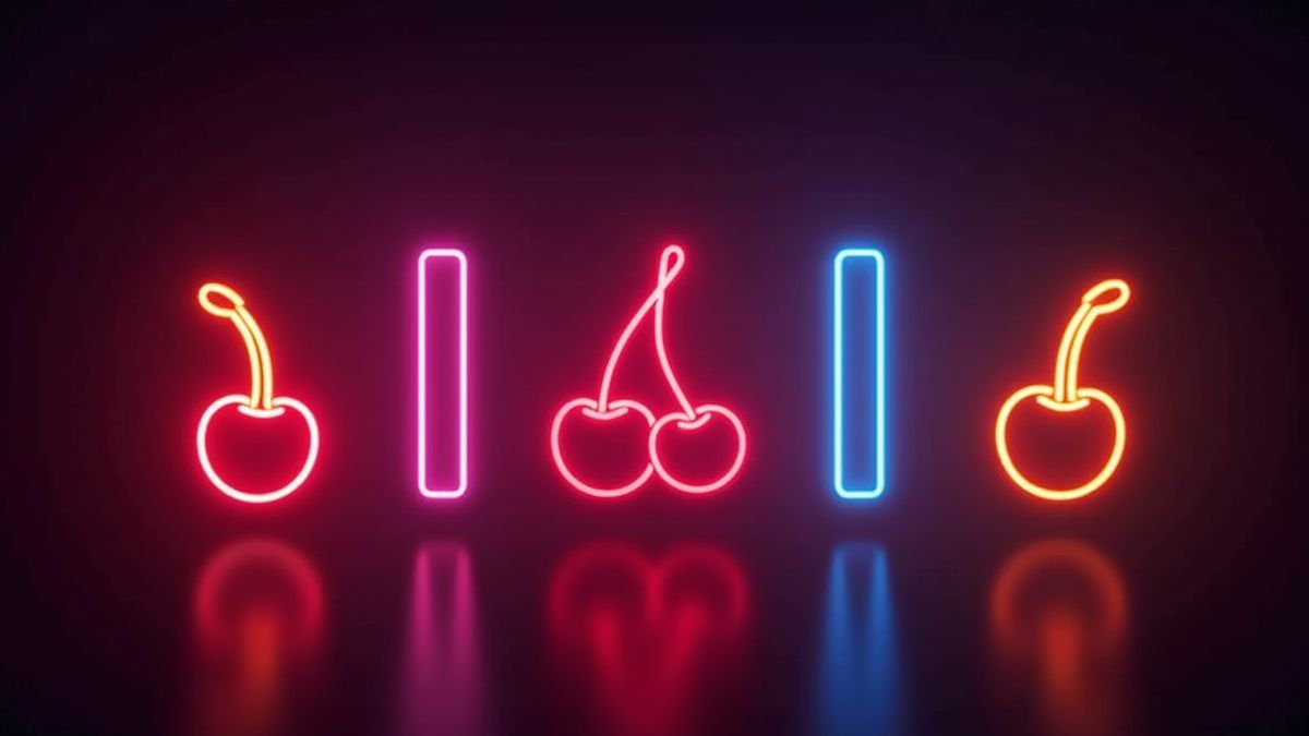 Neon-Kirschen und -Balken, die hell gegen einen dunklen Hintergrund leuchten.