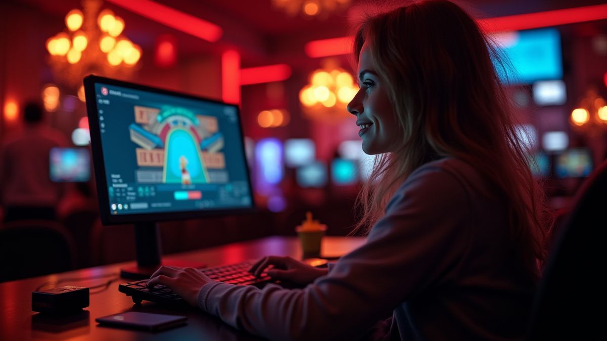 Eine gemütliche Online-Casino-Umgebung mit leuchtenden Bildschirmen.