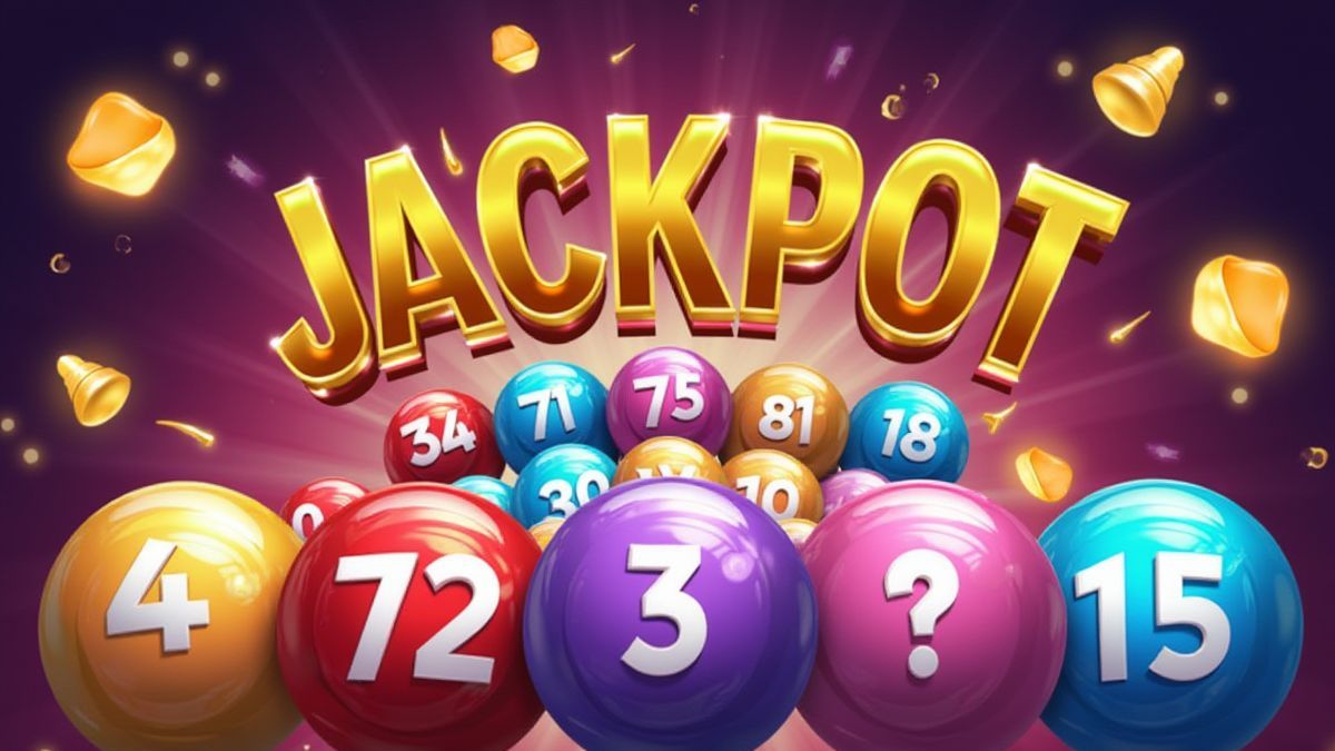 Cartón de bingo con números brillantes y signo de jackpot dorado