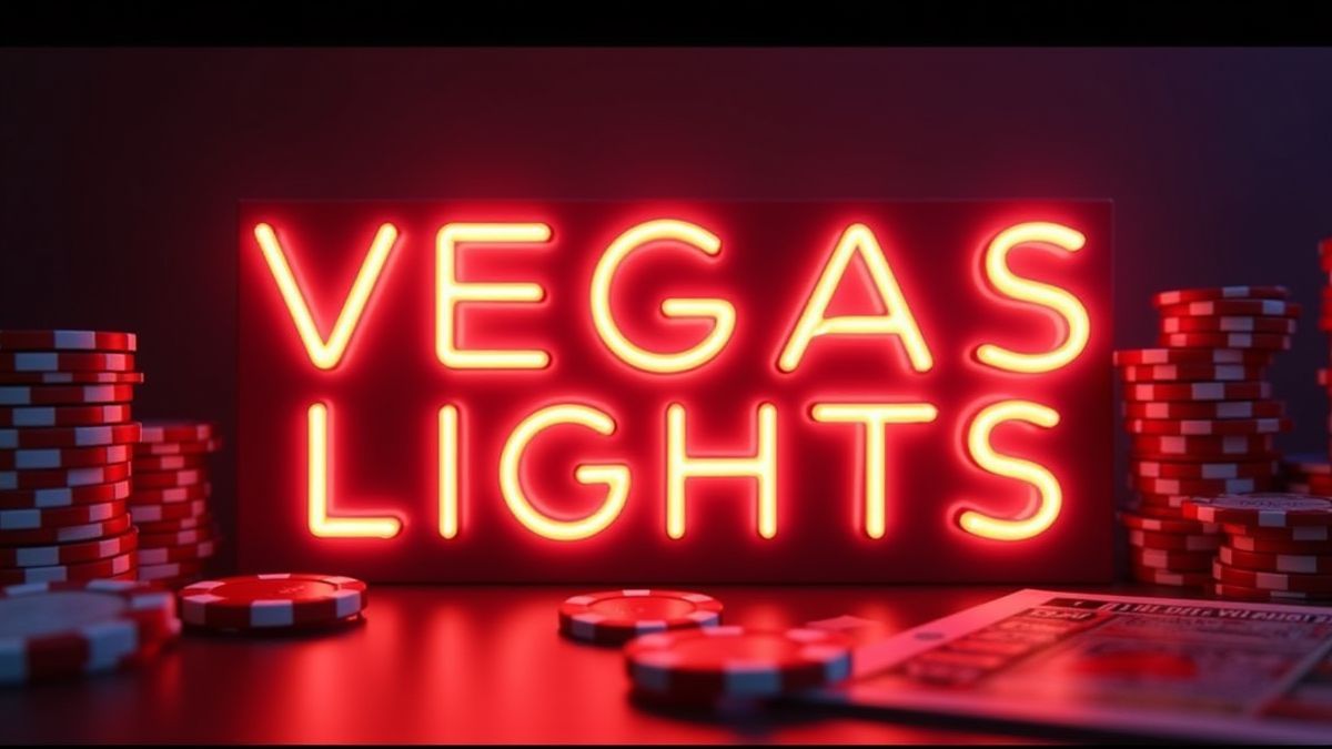 Un panneau de néon qui dit 'Vegas Lights' avec des dés et des jetons de casino autour.
