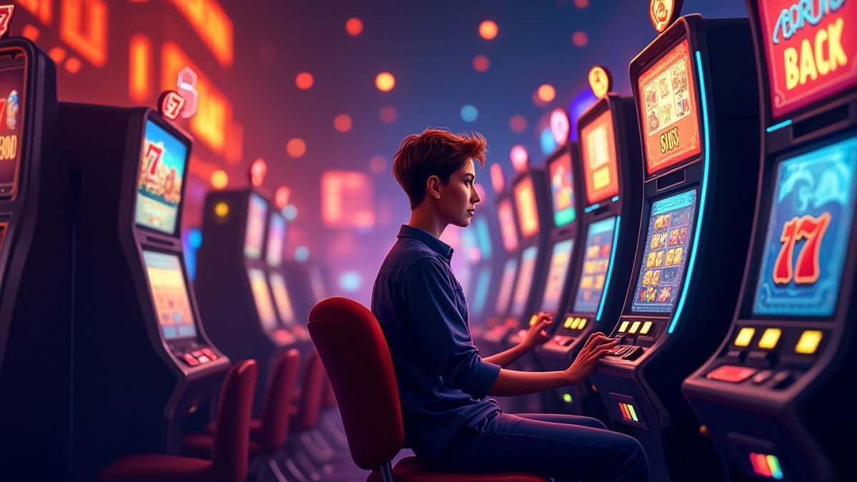 Personne jouant sur une machine à sous dans un casino animé.