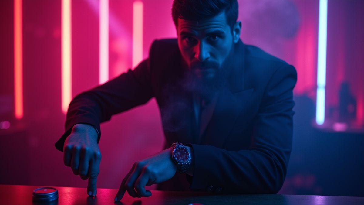 Un mago realizando trucos con luces de neón de fondo.