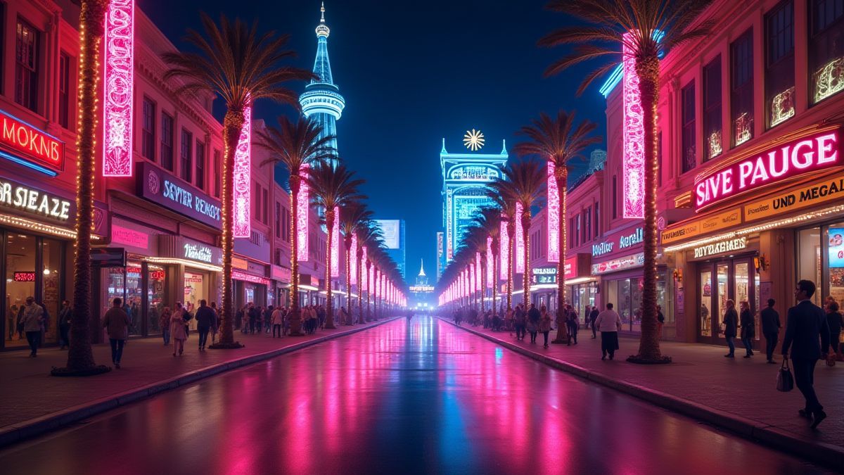 Una calle de Las Vegas con letreros de neón y elementos mágicos brillantes.