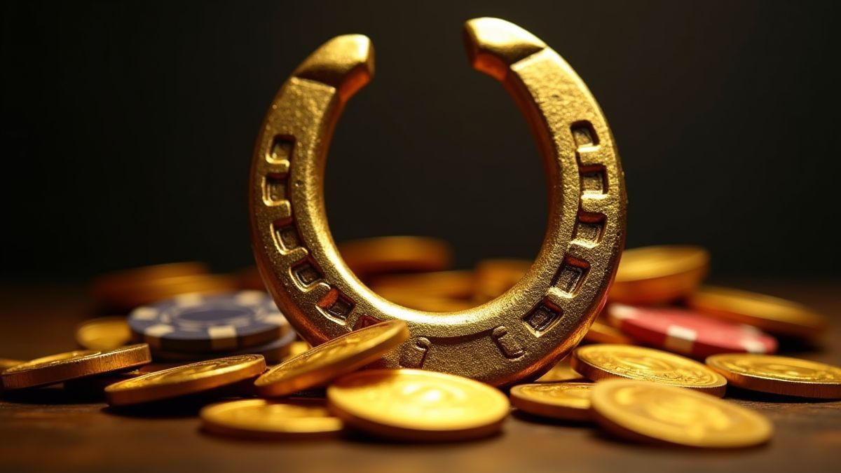 Glanzend hoefijzer omringd door gouden munten en pokerspeelstukken.