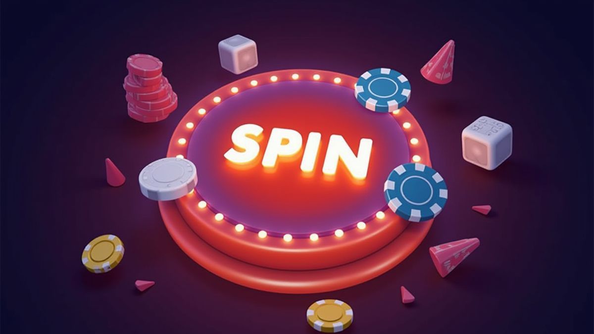 Stralende Spin-knop omringd door dobbelstenen en casinofiches.