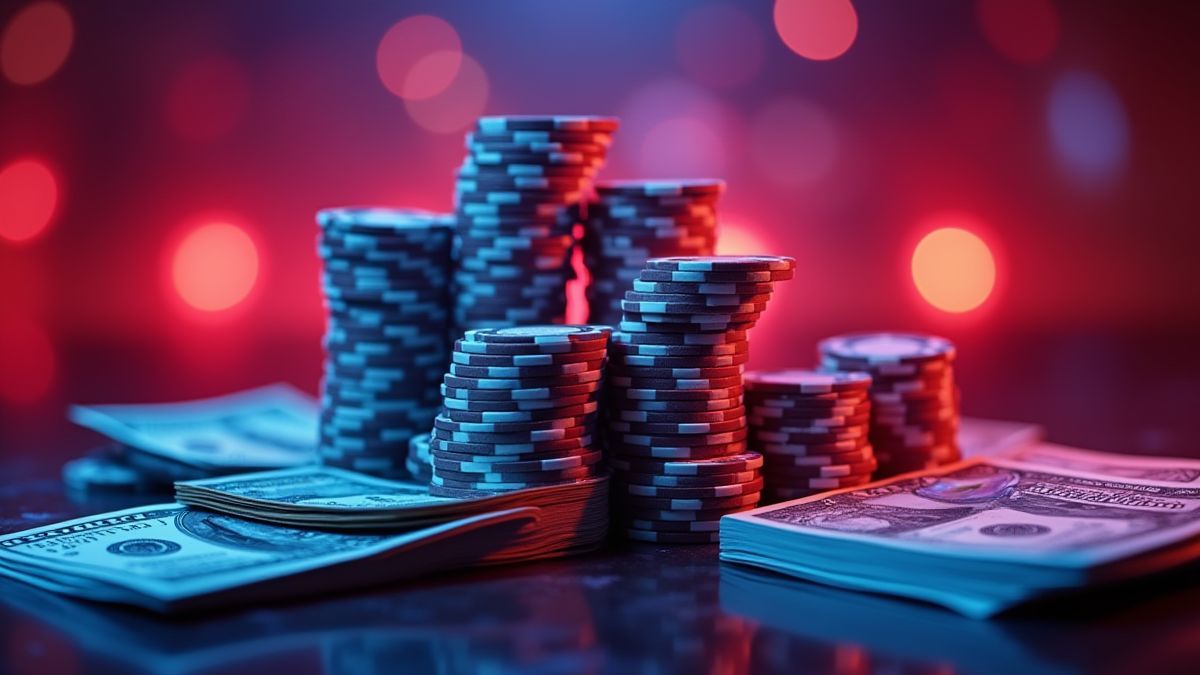 Stapels casinofiches en biljetten onder neonlichten.