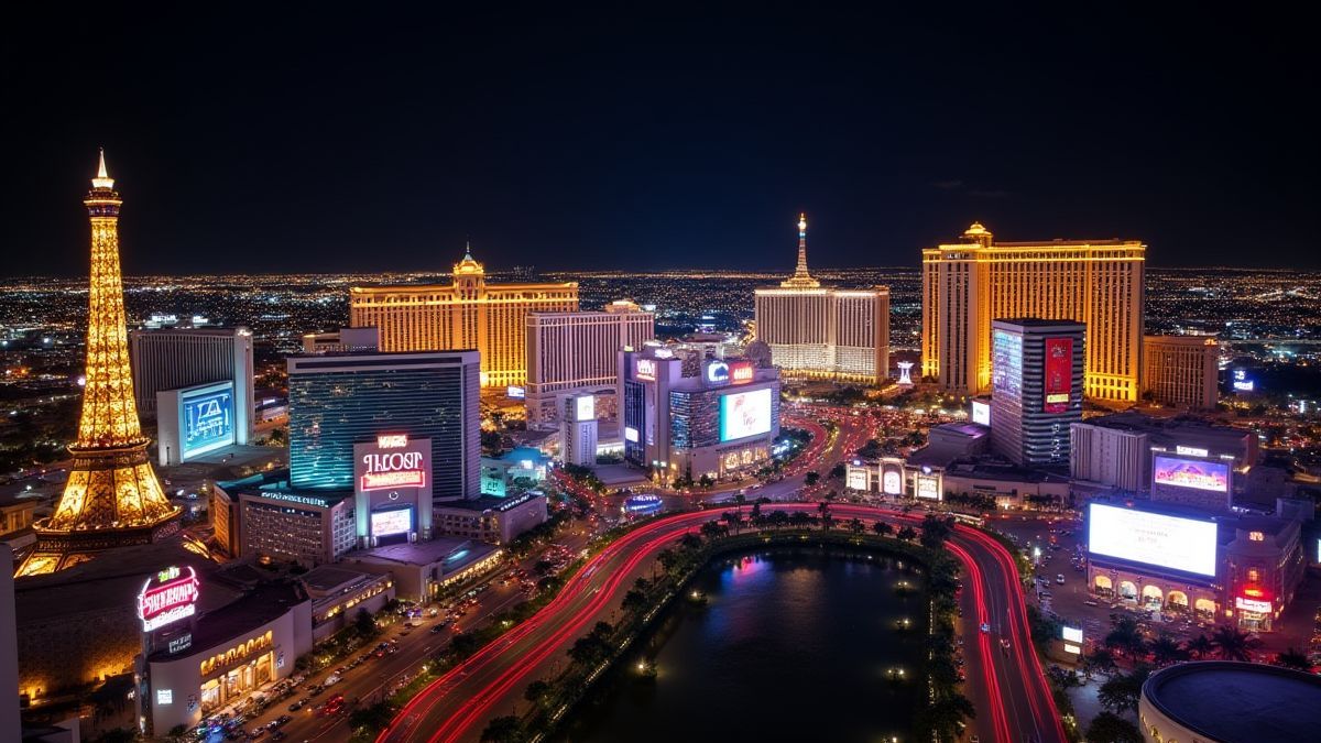 Image of the Las Vegas skyline with bright lights and neon signs.