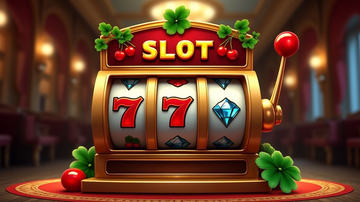 Retro slot machine with classic symbols in a casino.