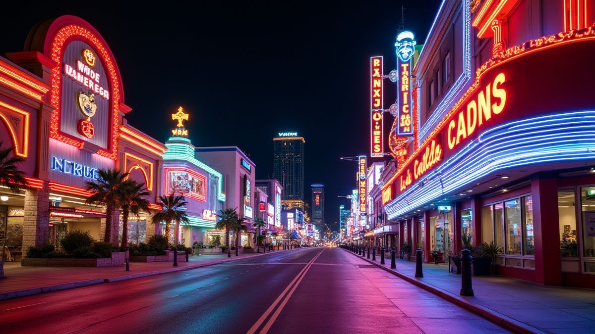 Calle de casino en Las Vegas iluminada por luces de neón.