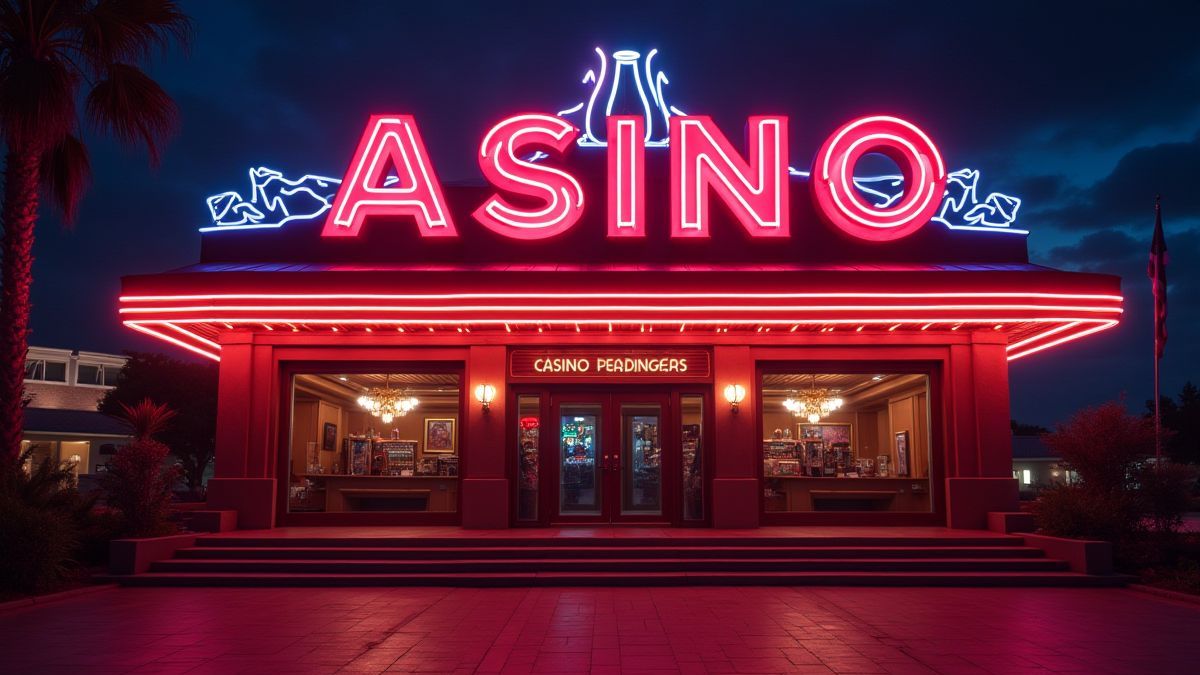 Entrada de casino con luces de neón y diseño retro.