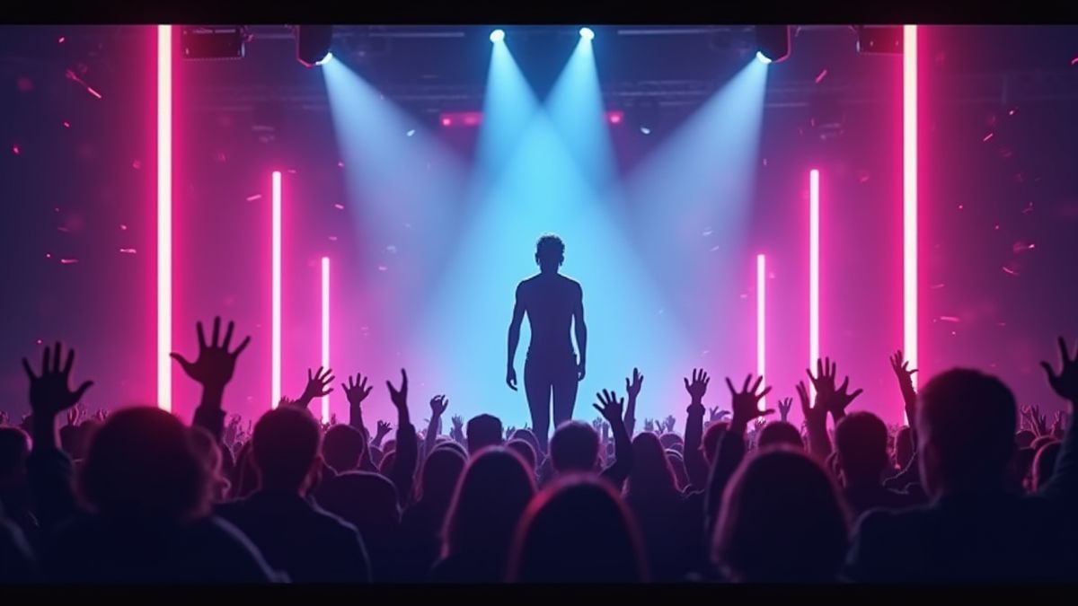 Performer on stage surrounded by neon lights and an enthusiastic audience.