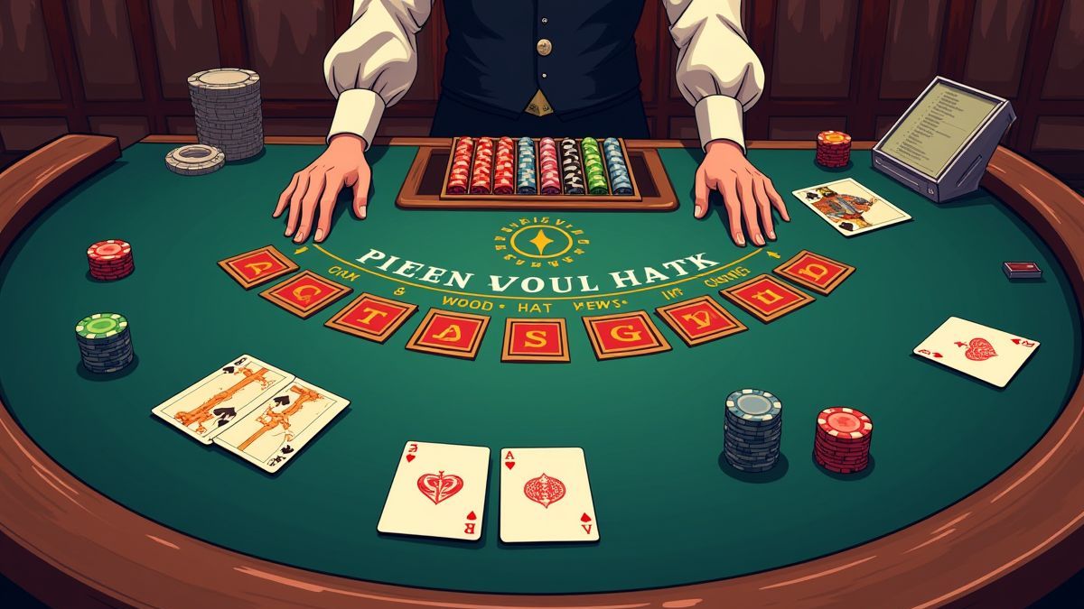 Mesa de blackjack con fichas, cartas y manos del crupier.