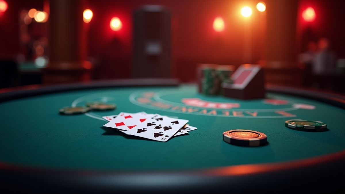Mesa de blackjack com cartas e fichas em um casino iluminado.
