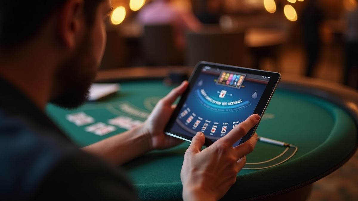 Jogador relaxado desfrutando do blackjack online em uma tablet.