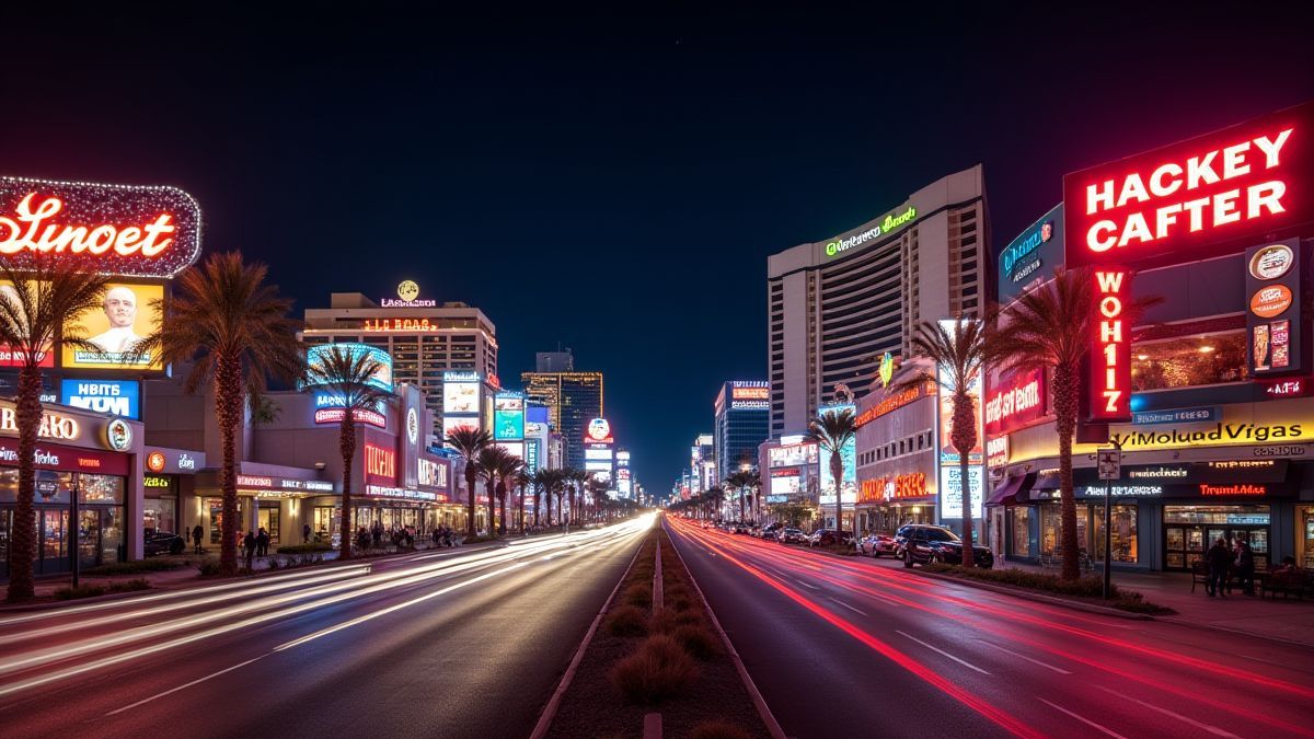 The Las Vegas Strip illuminated at night with neon signs.