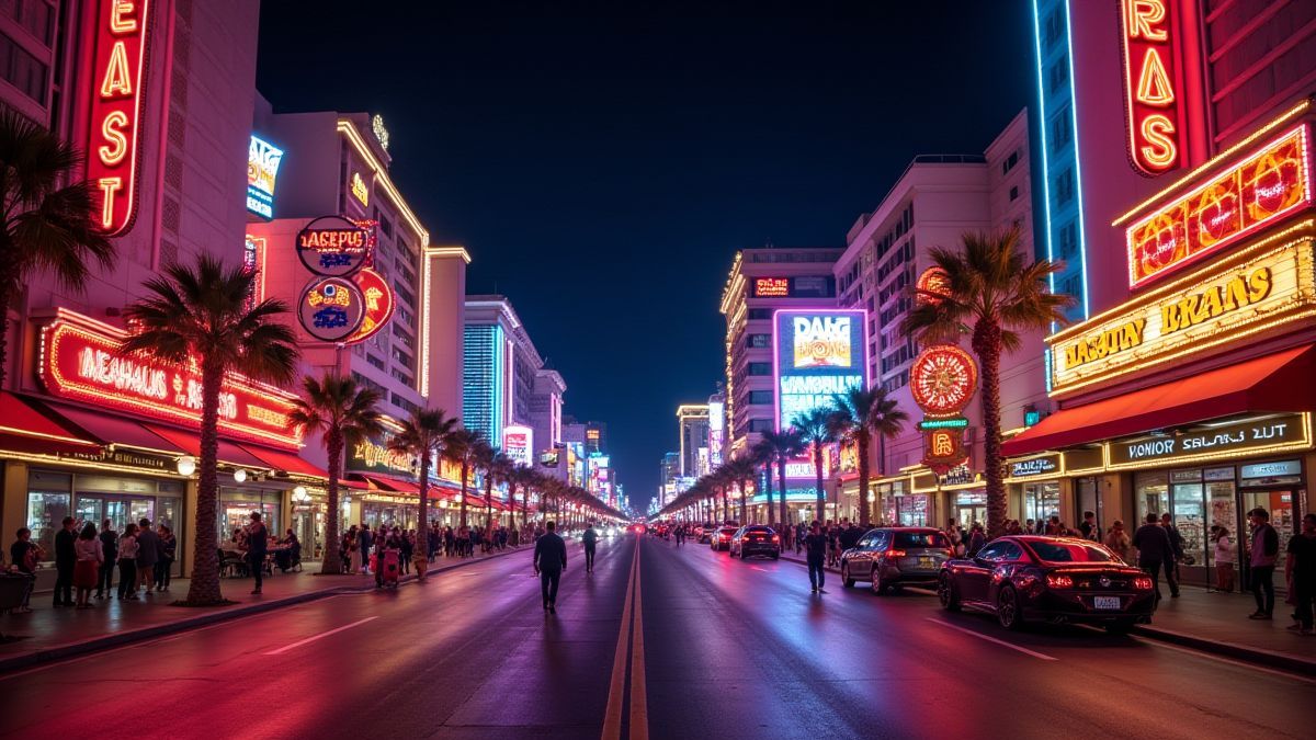 Las Vegas street illuminated with neon lights and casinos.