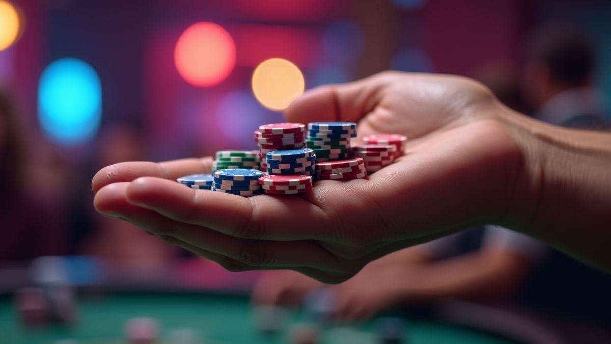 Hand holding poker chips with a colorful casino background.