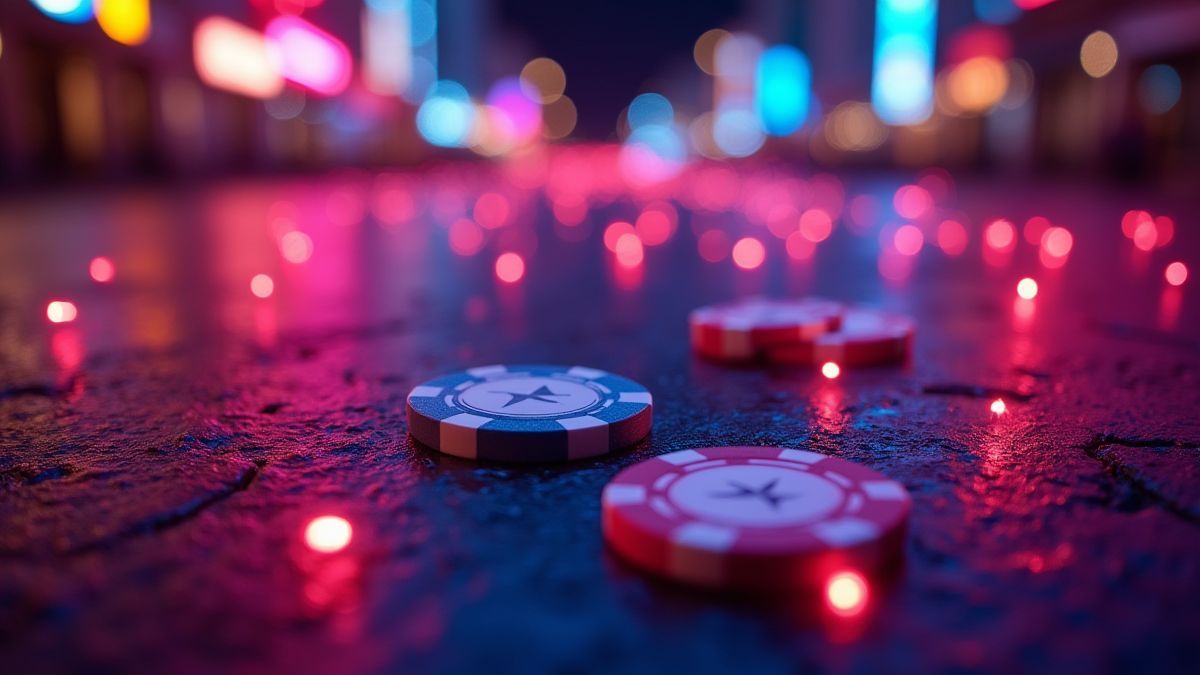 A street in Las Vegas with neon lights and casino chips.