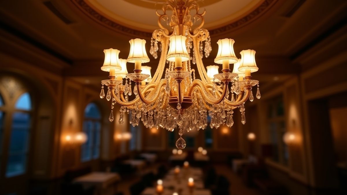 Uma lâmpada de cristal brilhante em um salão elegante.